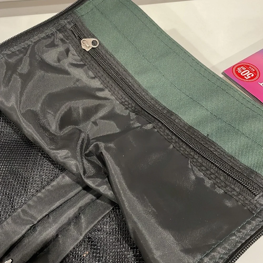 Dark green canvas briefcase with laptop sleeve and multiple pockets. NWT